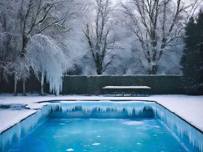 Une illustration générée par intelligence artificielle d'une piscine gelée en hiver