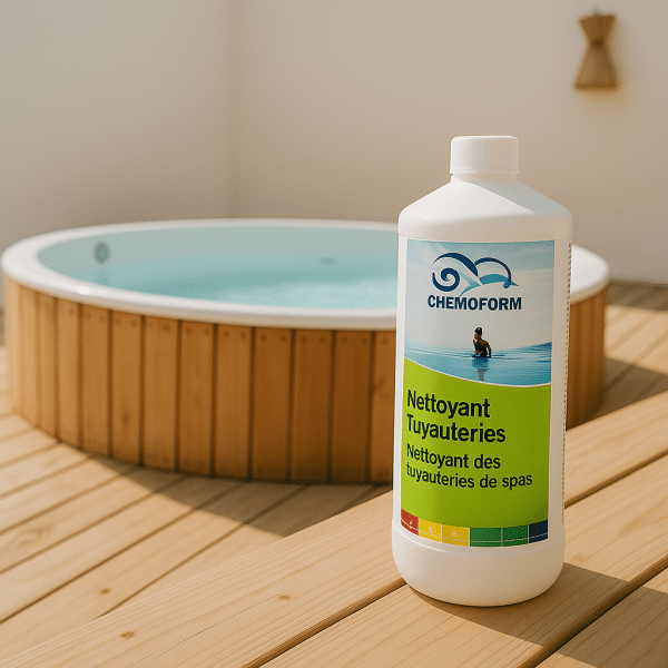 Bouteille Chemoform Nettoyant Tuyauteries posée sur une terrasse en bois à côté d’un spa propre rempli d’eau claire, sous une lumière naturelle douce.